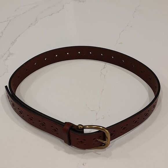 Express Perforated Brown Italian Leather Belt Solid Brass Buckle - Picture 8 of 10